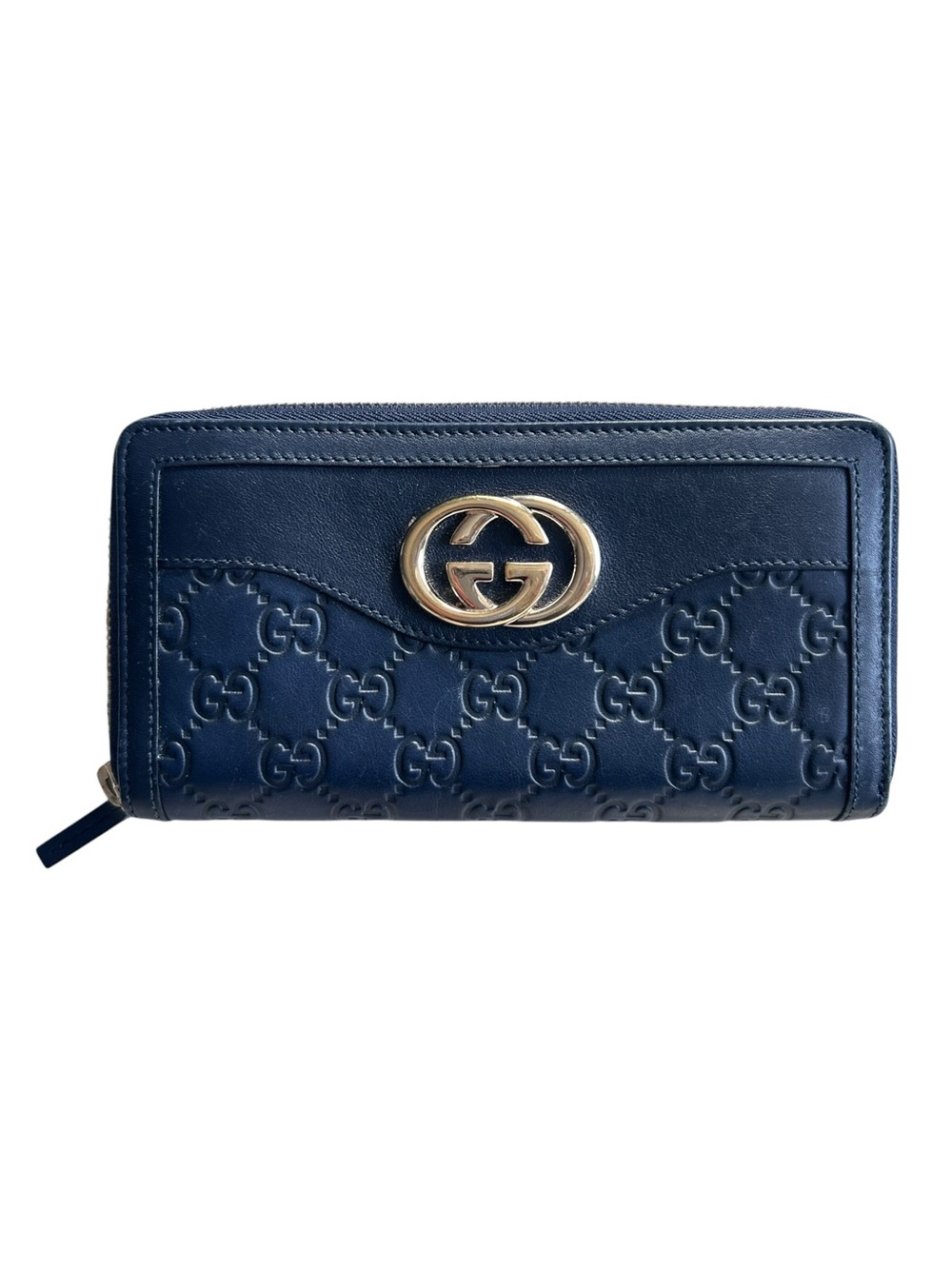 Gucci Guccissima Navy Blue Leather Zip Around Wallet Interlocking GG